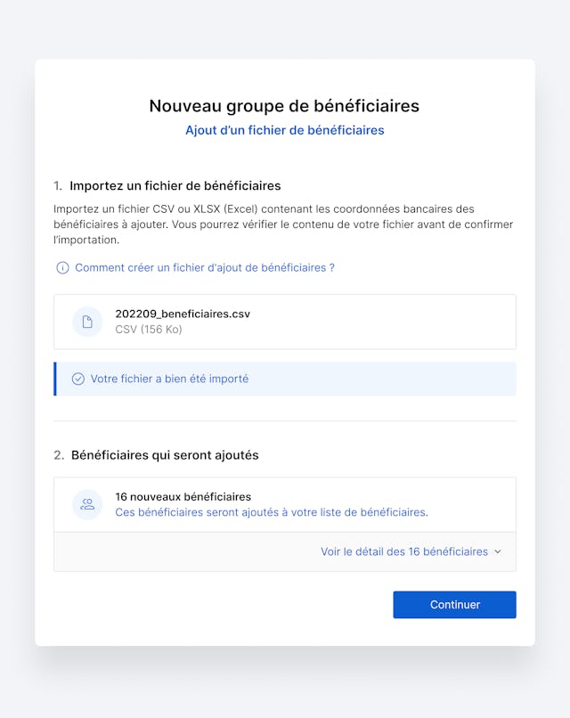 Interface d'ajout de bénéficiaires à partir d'un fichier XLSX ou CSV